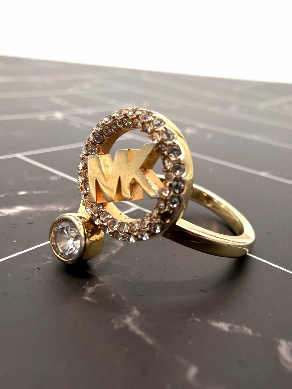Michael Kors Gold Tone Crystal Pavé MK Logo Wrap Ring - Size 7